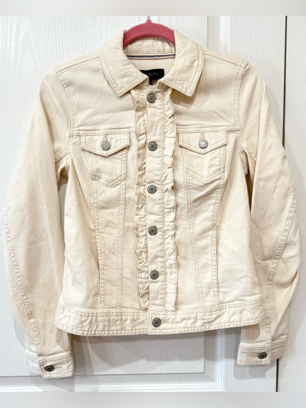 Talbots Cream Coquette Ruffle Denim Jean Jacket